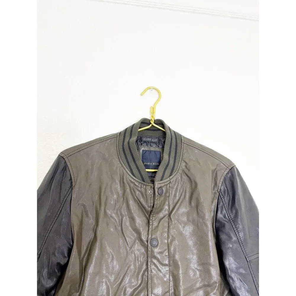 Zara Mens Vegan Leather Bomber Jacket Size Small Black Olive Green Quiet Luxury
